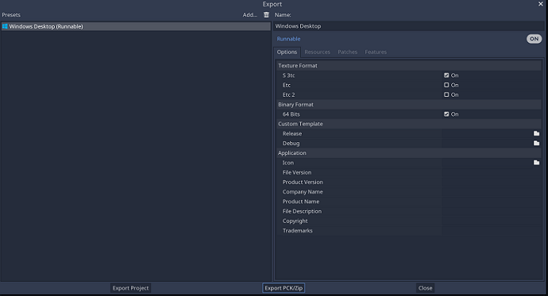 Godot export dialog